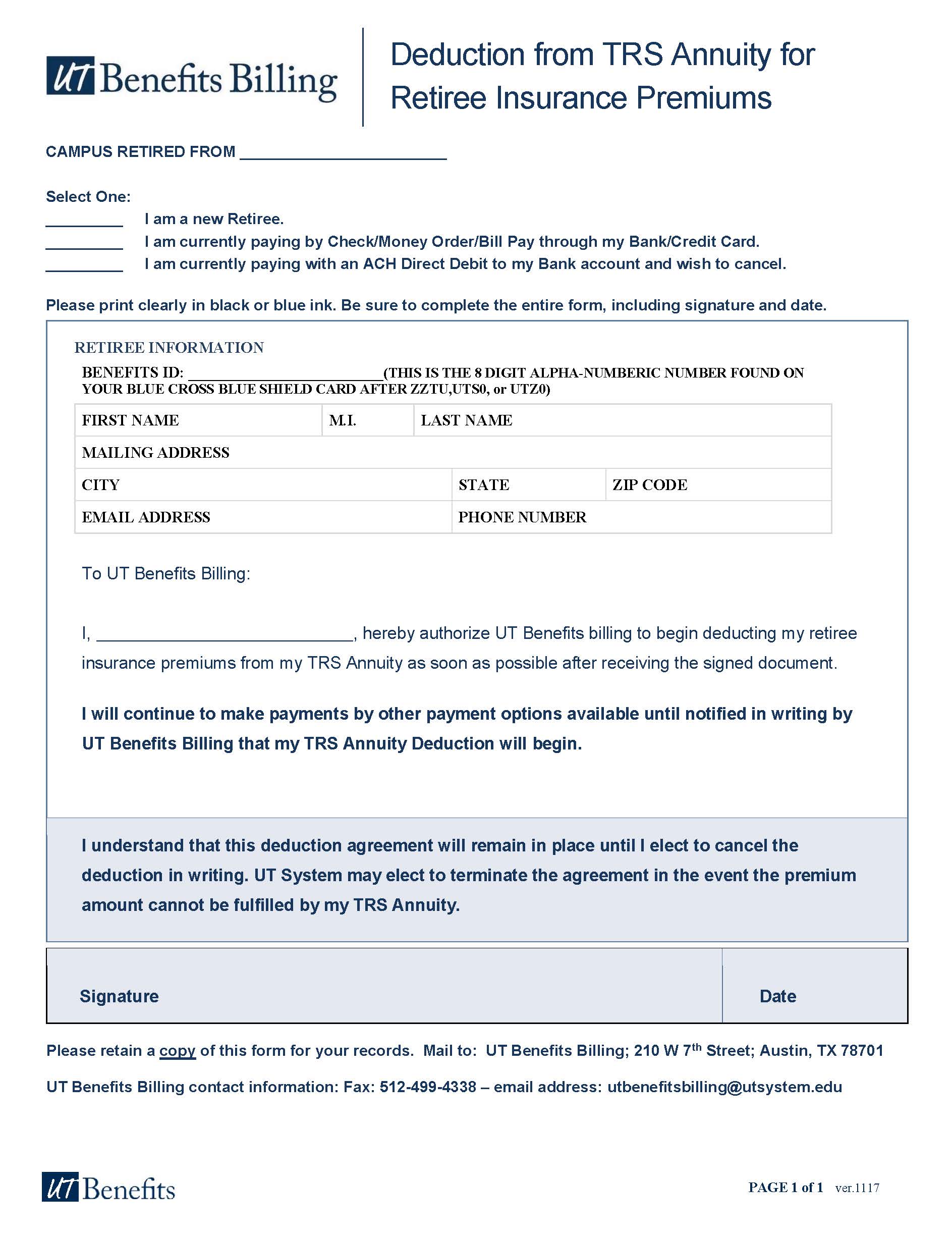 TRS Annuity Deduction form