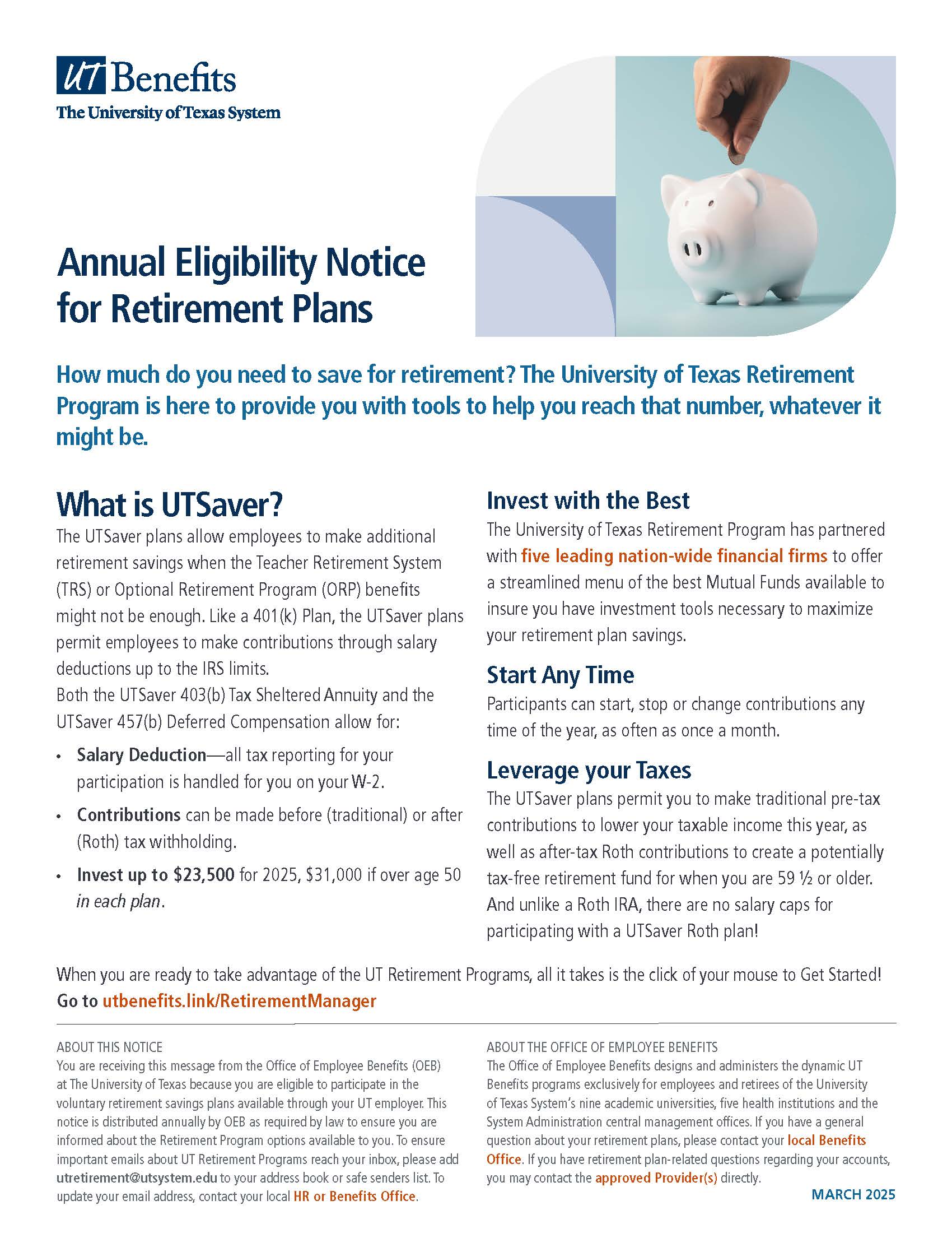 Cover image of the Annual Eligibility Notice for Retirement Plans