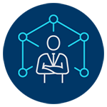 Line graphic of medical professor in front of a cellular structure diagram