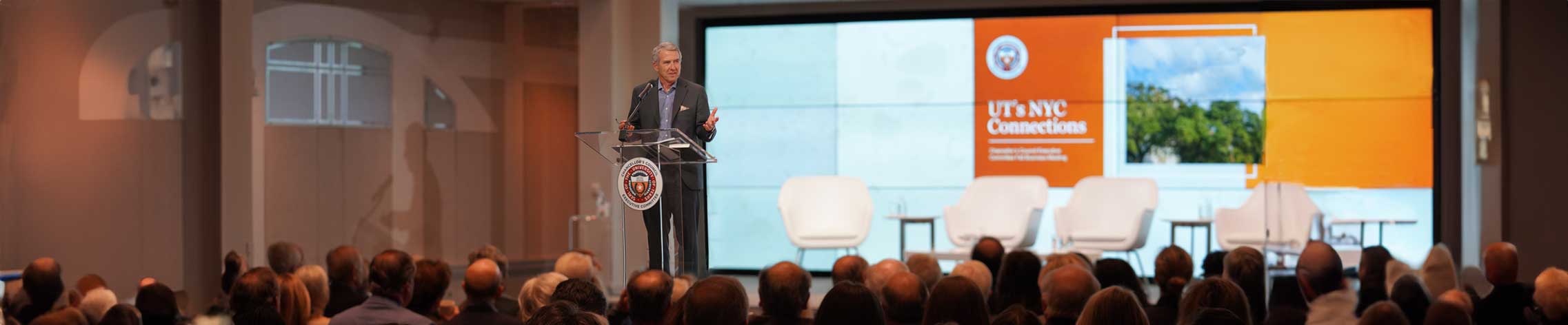 Chancellor Milliken in front of the CCEC crowed