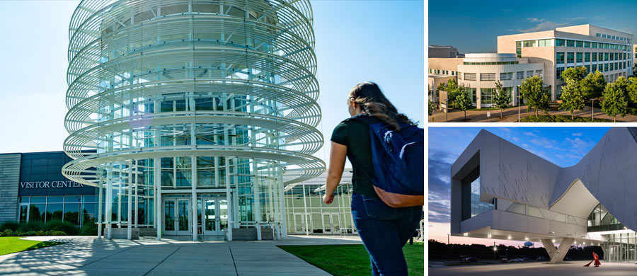 Three of UTMB's buildings: Health Education Center, Galveston National Laboratory, Jennie Sealy Hospital